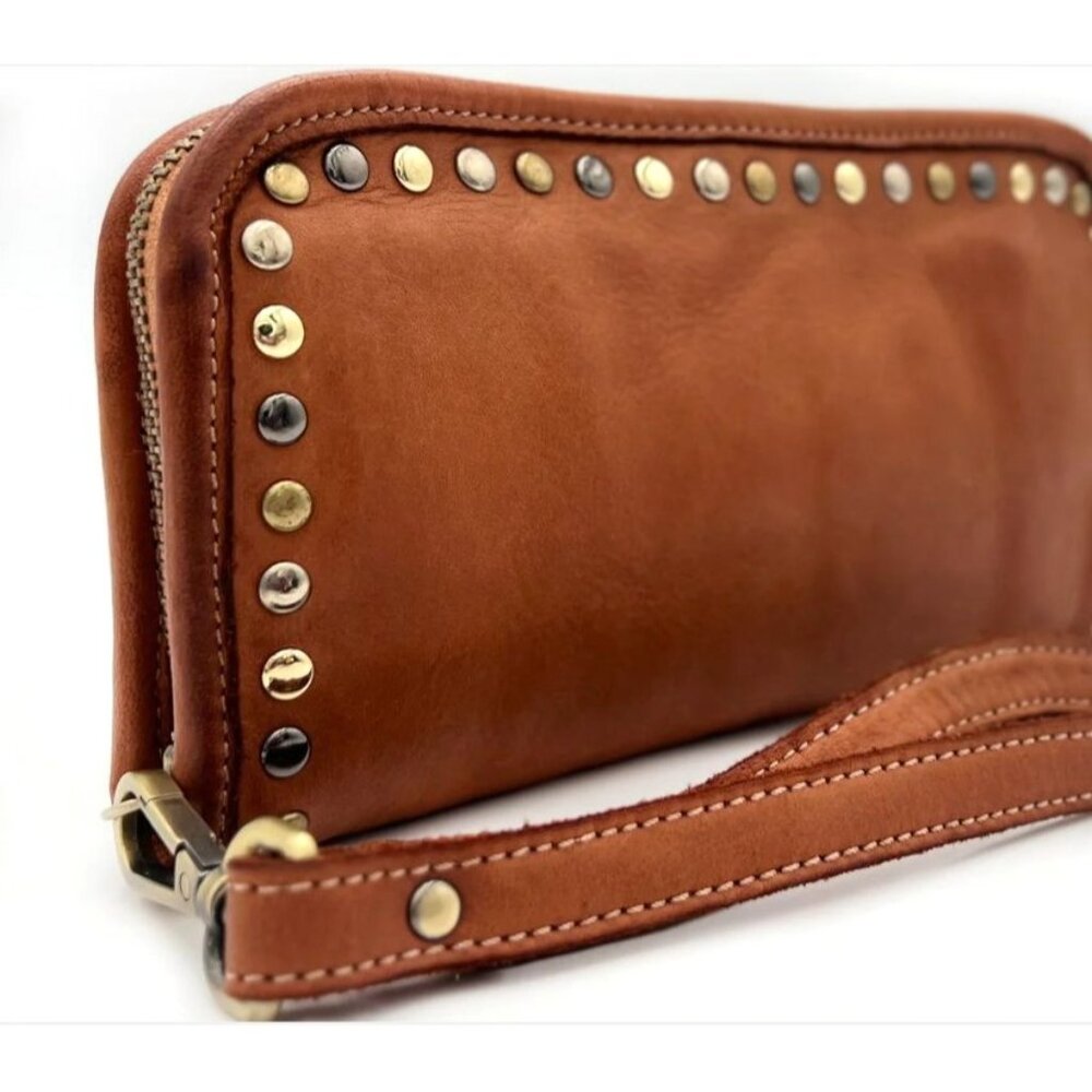 Bolsa Nova Sofia Zip Around Cognac Handwashed Italian Leather Studded Wristlet - Picture 3 of 10